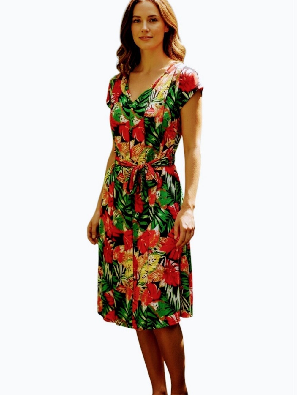 NEW Kataya Tropical Island Floral Dress  Red Flowers Green Leaves on Black Sz. S